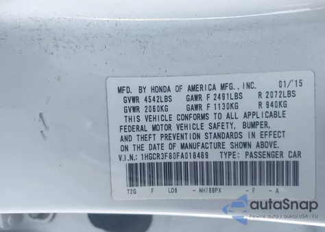 2015 Honda Accord Ex-L V-6 from USA, damaged, VIN 1HGCR3F80FA018469